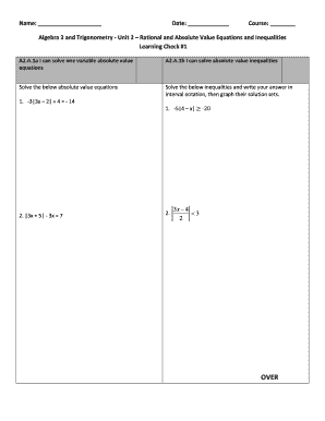 Name Date Course Algebra 2 and Trigonometry - Unit 2