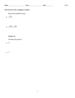 Imaginary Numbers Class Notes and Problem Set