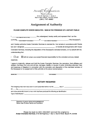 Assignment of Authority for Cremation