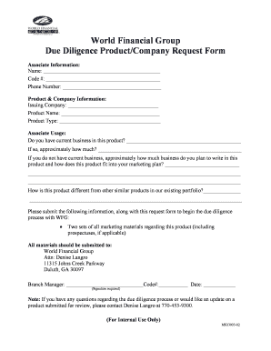World Financial Group Due Diligence Product Request Form