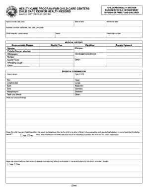 Child Care Center Health Record Form