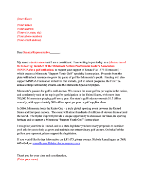 Letter to Support Minnesota Youth Golf License Plate