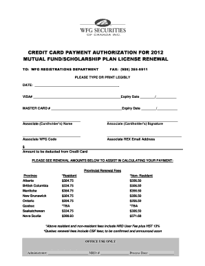 CREDIT CARD PAYMENT AUTHORIZATION FOR 2012 MUTUAL FUND