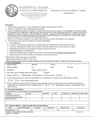 Plumbers Service and Repair Liability Application