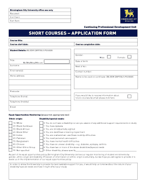 Birmingham City University Short Course Application Form