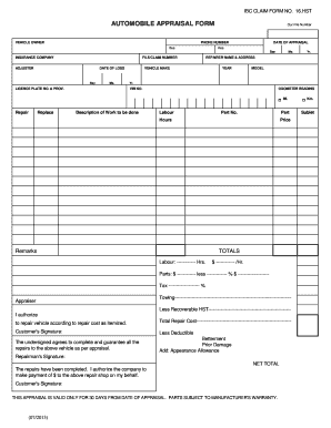 Automobile Appraisal Claim Form