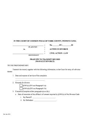 Praecipe to Transmit Record for No-Fault Divorce