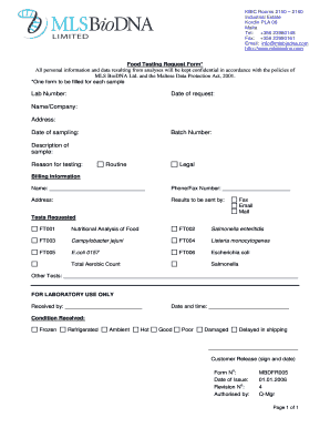 Food Testing Request Form