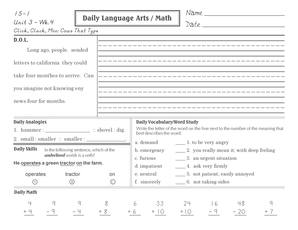Unit 3 - Wk.4 Daily Language Arts / Math Worksheet