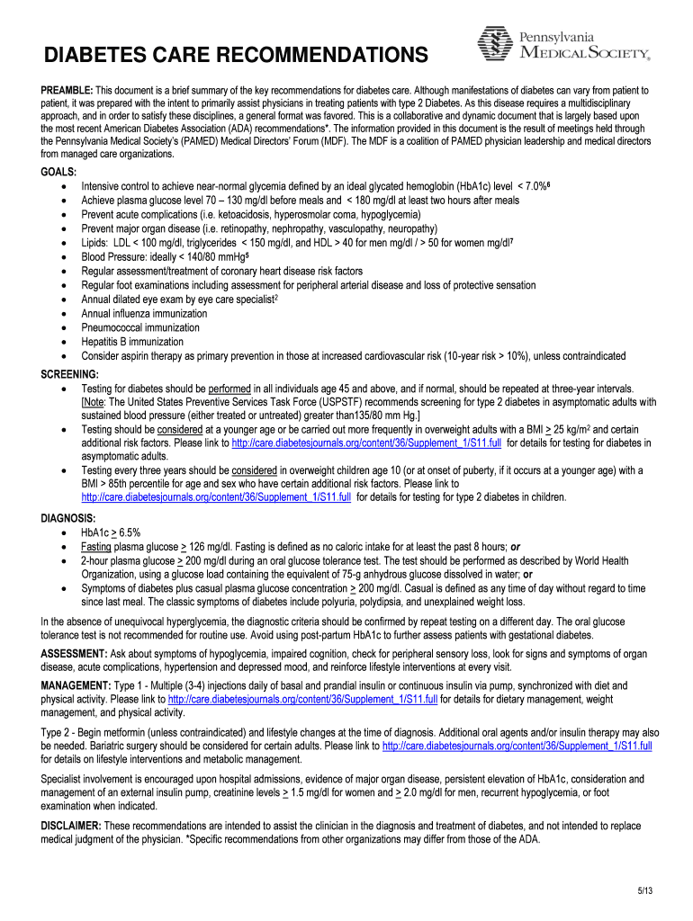Fillable Online DIABETES CARE RECOMMENDATIONS Fax Email Print - pdfFiller