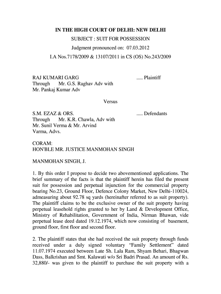 Fillable Online SUBJECT SUIT FOR POSSESSION Fax Email Print pdfFiller