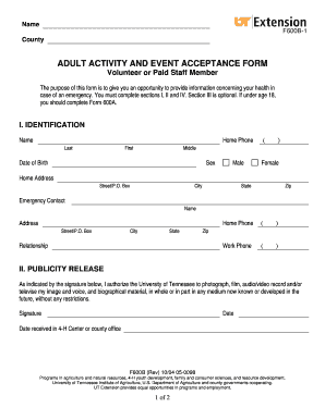 Adult Activity and Event Acceptance Form