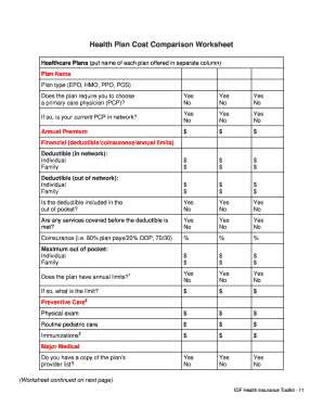 Health Plan Cost Comparison Worksheet