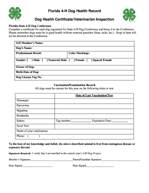 Florida 4-H Dog Health Certificate