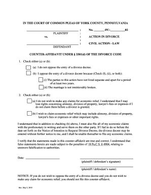 Pennsylvania Divorce Counter-Affidavit