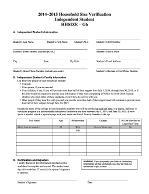 2014–2015 Household Size Verification Form