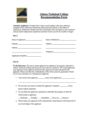 Athens Technical College Recommendation Form