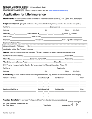 Slovak Catholic Sokol Life Insurance Application