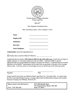 Nevada System of Higher Education MetLaw Enrollment Form