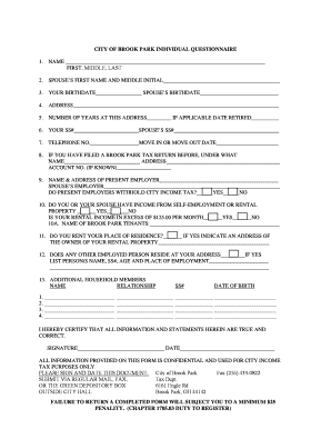 City of Brook Park Individual Questionnaire