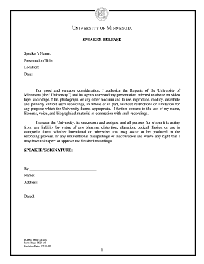University of Minnesota Speaker Release Form