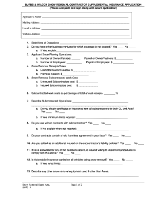 Burns & Wilcox Snow Removal Contractor Supplemental Insurance Application