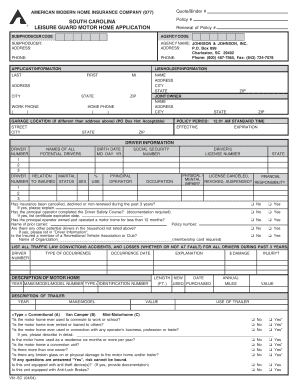 South Carolina Motor Home Insurance Application