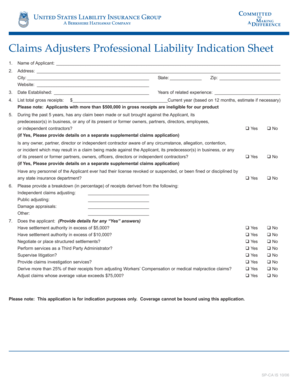 Claims Adjusters Professional Liability Indication Sheet