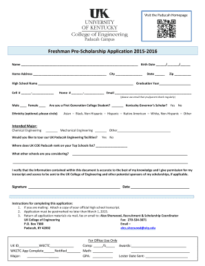 Pdf downloadable open house sign in sheet - Visit the Paducah Homepage Freshman PreScholarship Application 20152016 Name Birth Date / / Home Address City State Zip High School Name Graduation Year Cell # Home # Email (please use email that you/parent check regularly) Male Female Are