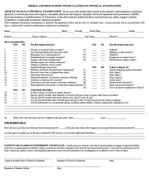 Middle and High School Physical Examination Form