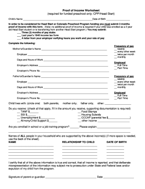 Proof of Income Worksheet for Preschool Funding