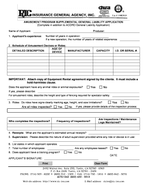 Amusement Program Supplemental General Liability Application