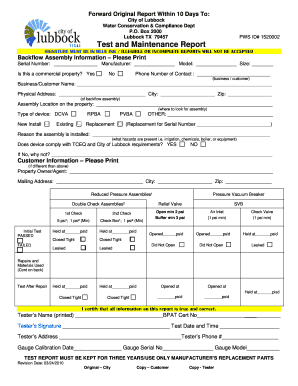 Lubbock Backflow Assembly Test Report