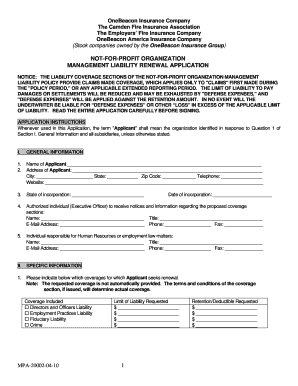 Not-For-Profit Organization Management Liability Renewal Application