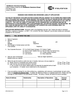 Managed Care Errors and Omissions Liability Application