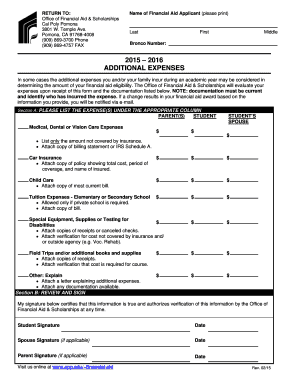Cal Poly Pomona Additional Expenses Form