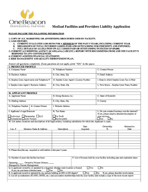 Medical Facilities and Providers Liability Application
