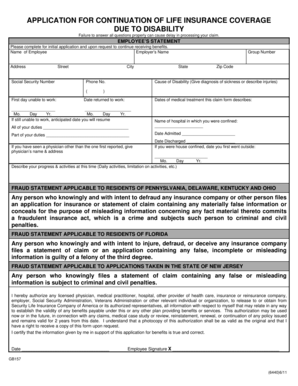 Application for Continuation of Life Insurance Coverage Due to Disability