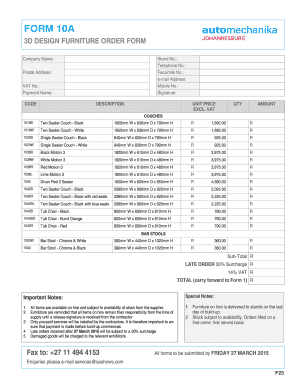 3D Design Furniture Order Form