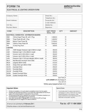 Electrical and Lighting Order Form