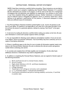 Personal History Statement for Police Employment