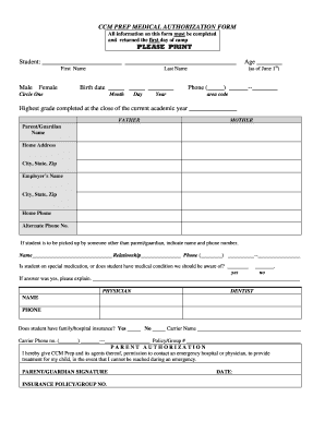CCM Prep Medical Authorization Form