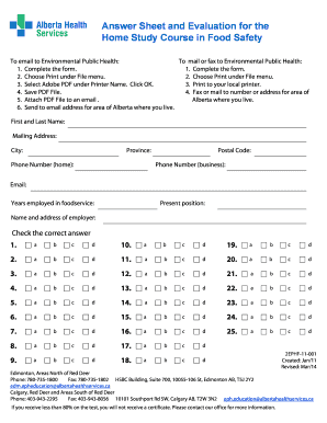 Home Study Course in Food Safety Answer Sheet
