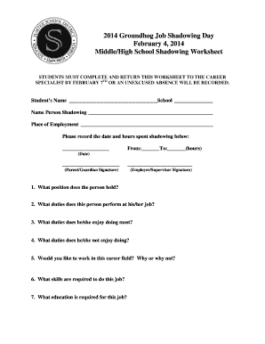Middle/High School Job Shadowing Worksheet