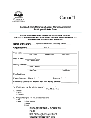 Canada-BC Labour Market Agreement Participant Intake Form