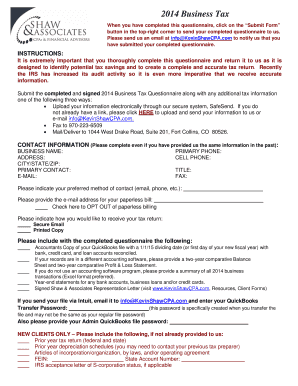 2014 Business Tax Questionnaire