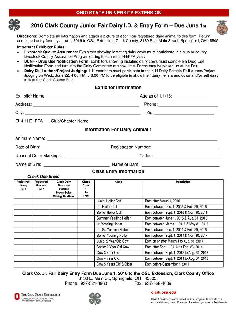 Fillable Online clark osu 2016 Clark County Jr Fair Dairy Entry Form