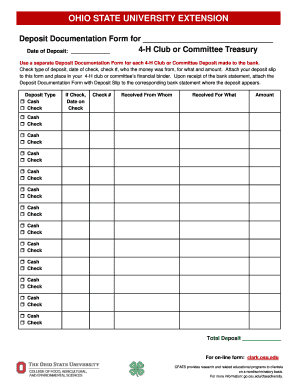 Ohio State University 4-H Club Deposit Documentation Form