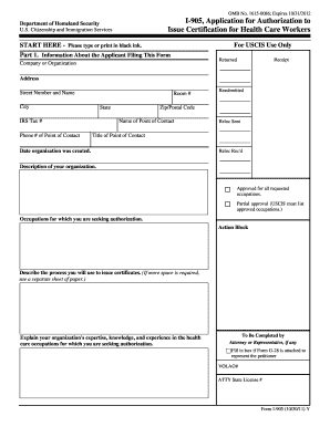 USCIS Form I-905 Application for Authorization to Issue Certification for Health Care Workers