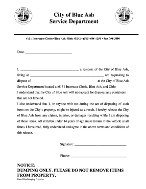 Blue Ash Dumping Request Form